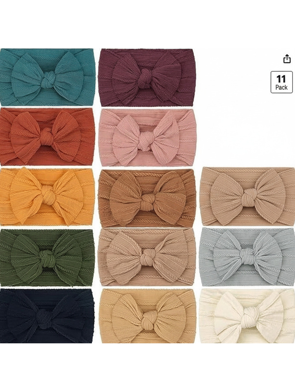 11-Pack Ribbed Fabric Bow Headbands in Various Colors